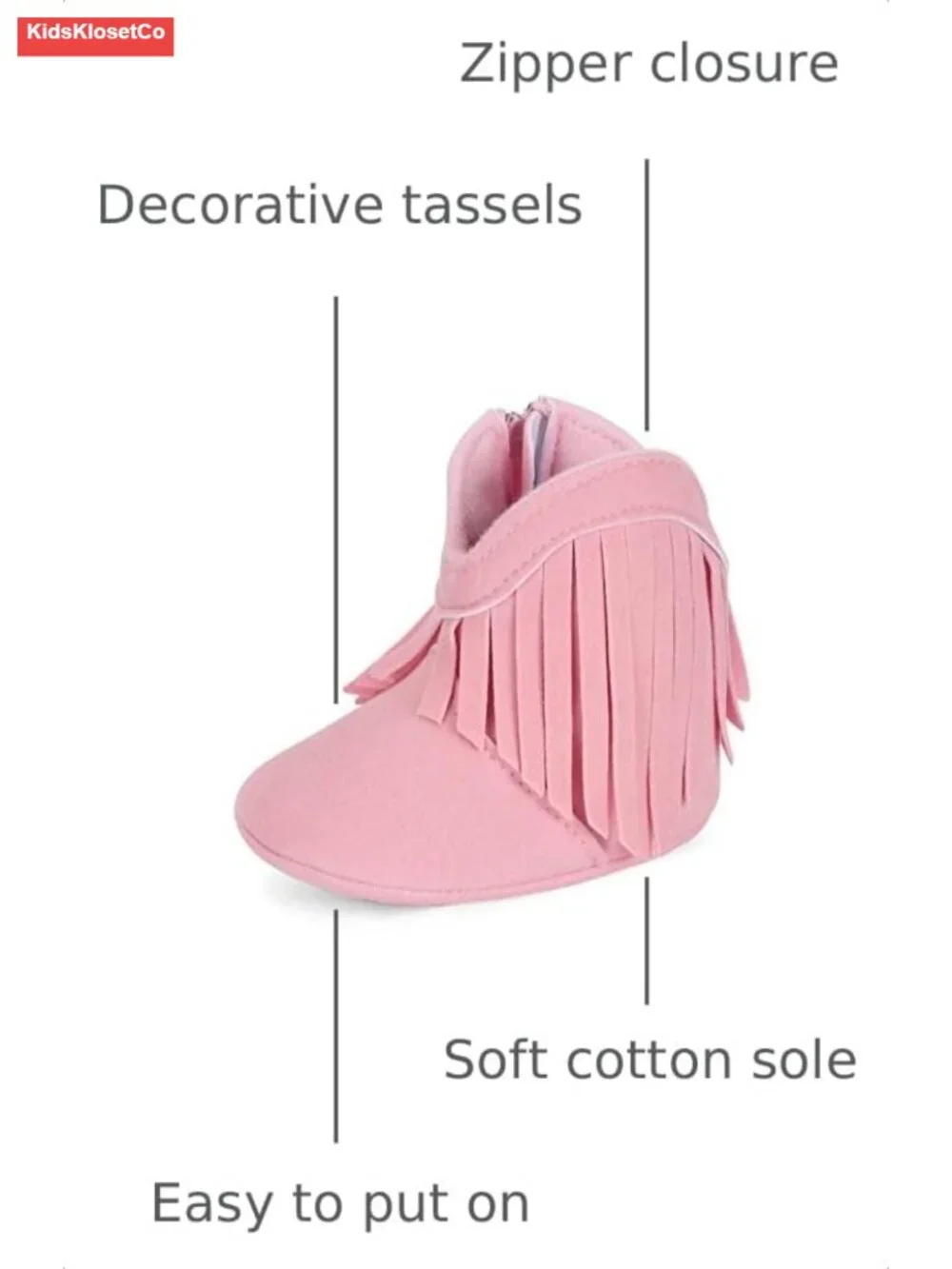 Baby Girls' Cowboy Tassel Boots with Zipper Closure, Soft Cotton Sole